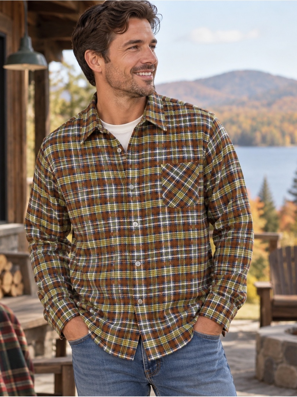 Vintage Sears Perma-Prest Plaid Flannel Shirt Men’s XL 70s Brown Green